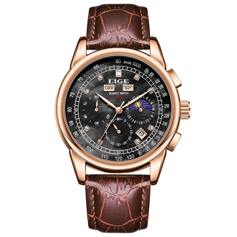 LIGE Fashion Man Watch Top Brand Luxury Leather Casual Quartz Men's Watches Sport Waterproof Clock Watch Date Week Moon Phase
