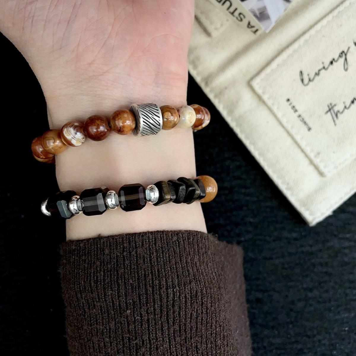 

925 Sterling Silver Beads with Agarwood, Ice Obsidian, and Ancient Kiln Agate Bracelet - High-End and Versatile. Striped Barrel Beads Ancient Kiln Agate