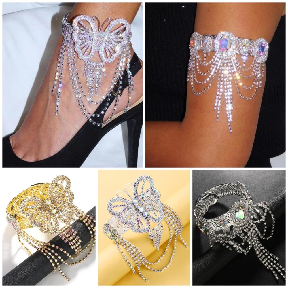 Armlet Crystal Tassel Arm Chain Adjustable Oval Upper Arm Bangle Butterfly Rhinestone Anklet  Party