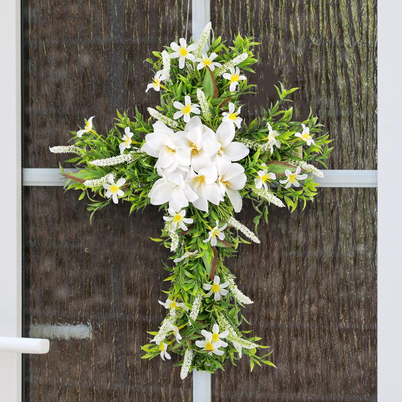 38*50cm Cross simulation lily garland for home decor, Christmas front door hanging wreath, wall hanging cross decoration