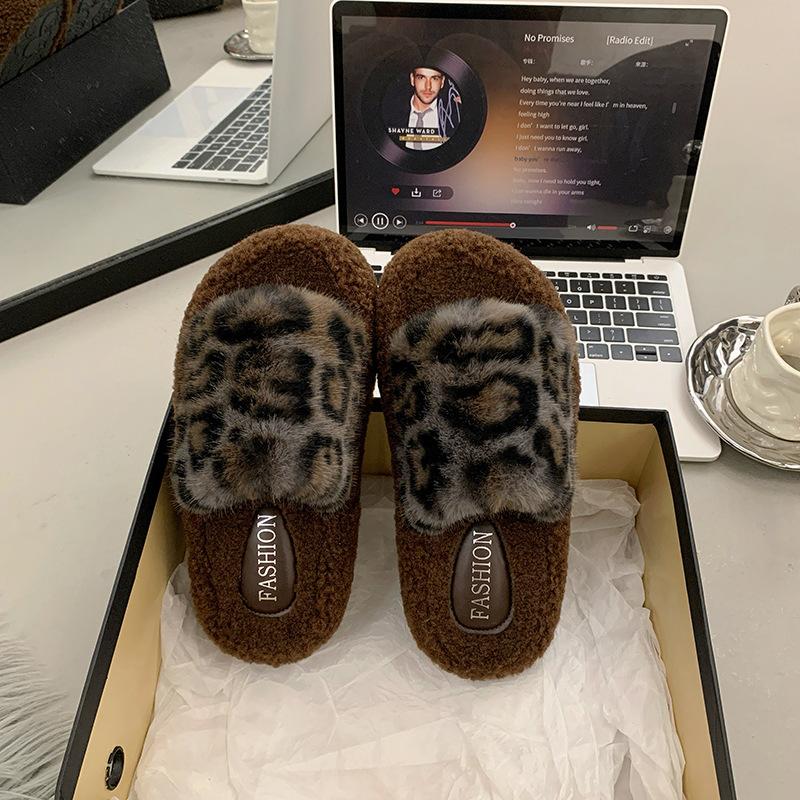 Internet Celebrity Mao Mao Slippers Women Wear 2025 New Autumn and Winter Thick Bottom Home Cotton Slippers Leopard Print Retro Versatile Word