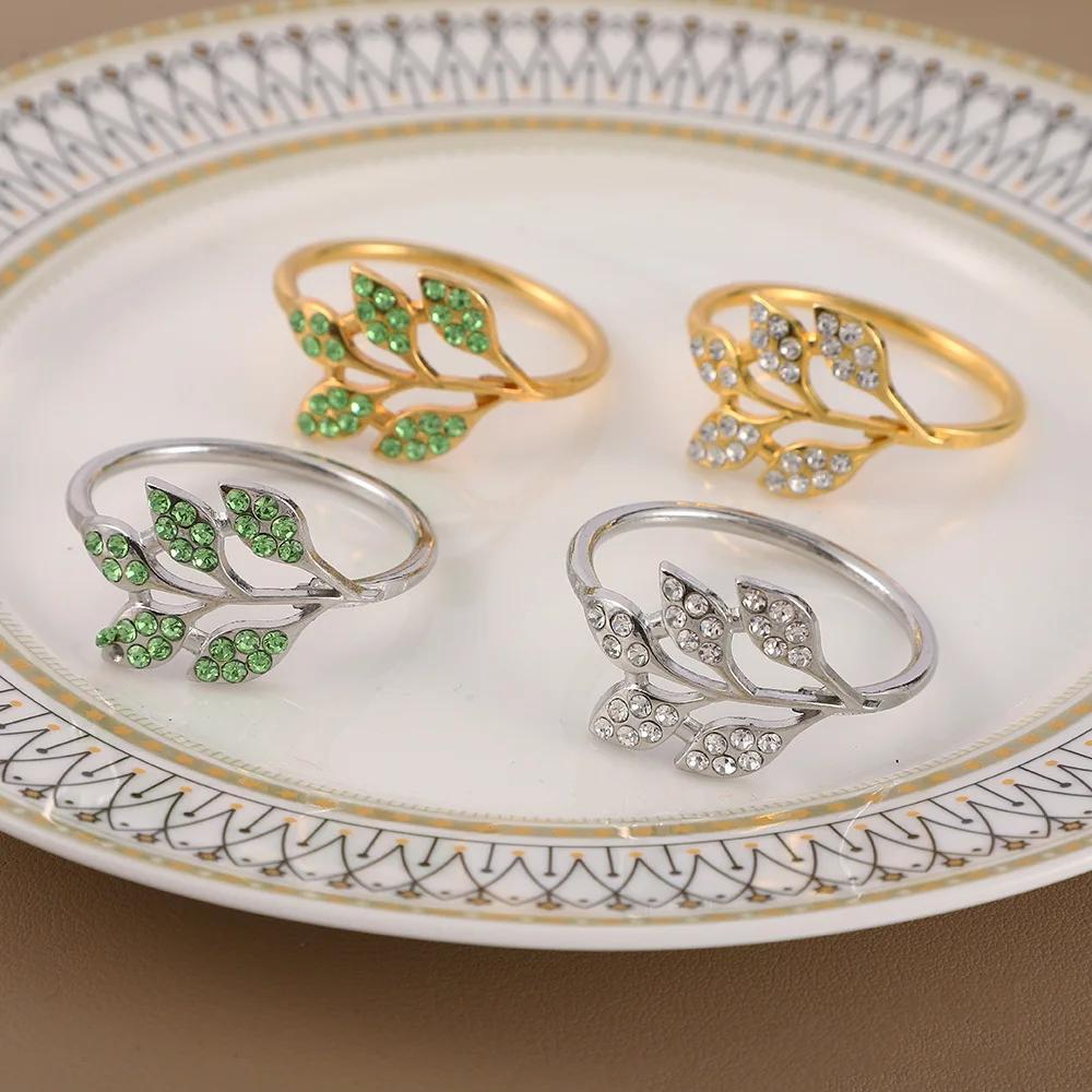 6-48PC Point Diamond Napkin Ring New Napkin Buckle Green Leaves Napkin Ring High-grade Metal Ring Hotel Table Banquet Decoration