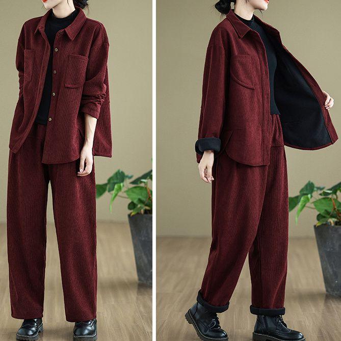 Middle-aged Mother Autumn and Winter Plus Velvet Jacket Western Style Sportswear Suit Corduroy Two-piece Suit