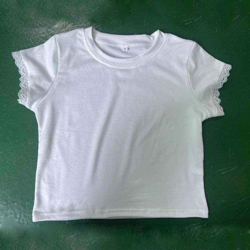 European and American Summer Round Neck Slim Fit Solid Color Lace Patchwork Short Sleeved Top