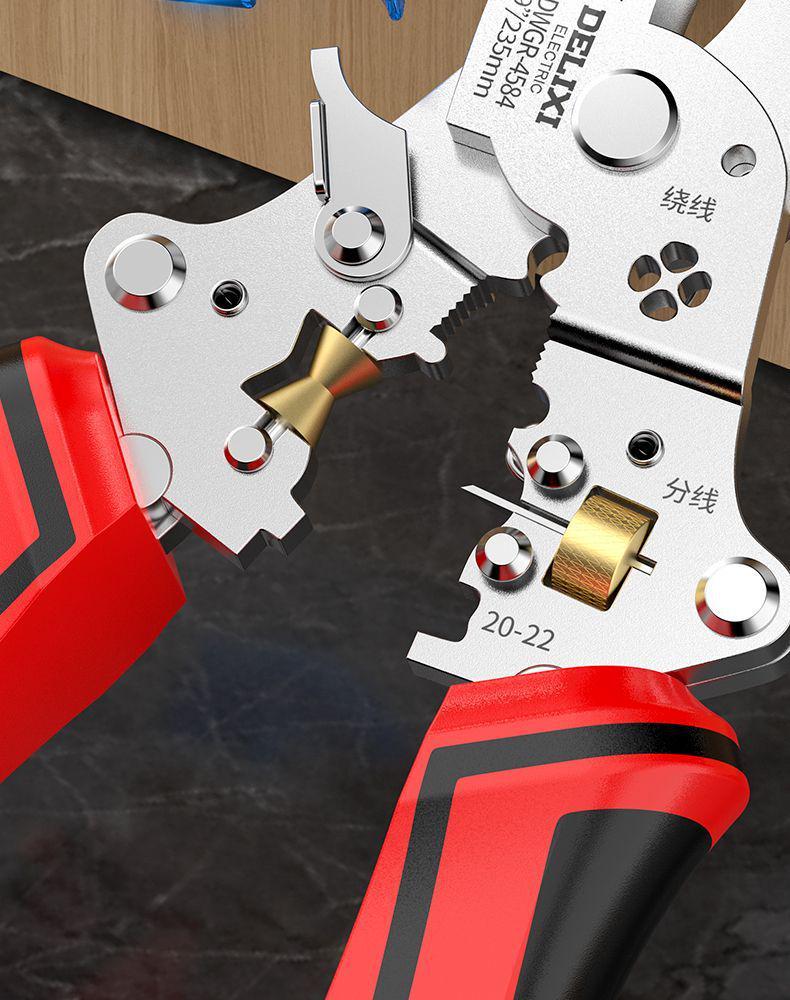 Multifunkční elektrikářské kleště: Nástroj pro stříhání, tahání, odizolování, krimpování, odizolování a navíjení drátů.