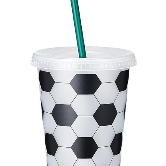 Soccer Plastic Cup with Straw, Football Shaped Cold Drink Tumbler, 710ml Capacity Reusable Soda Cup for Game Day, Fan Party