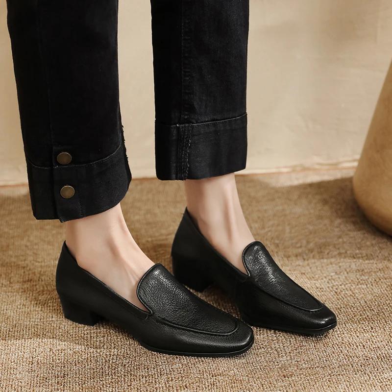 Fashion 2025 New Spring Sheepskin Women Shoes Round Toe Women Pumps Med Heel Loafers Fashion Casual Genuine Leather Mules Ladies Shoes
