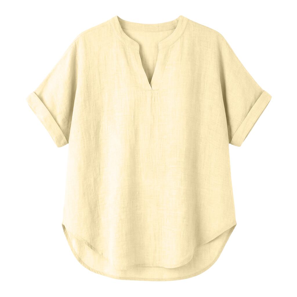 Women’s Loose Fit Short Sleeve V Neck Blouse Lightweight Casual Tunic Top with Rolled Sleeves for Summer Spring Outfits