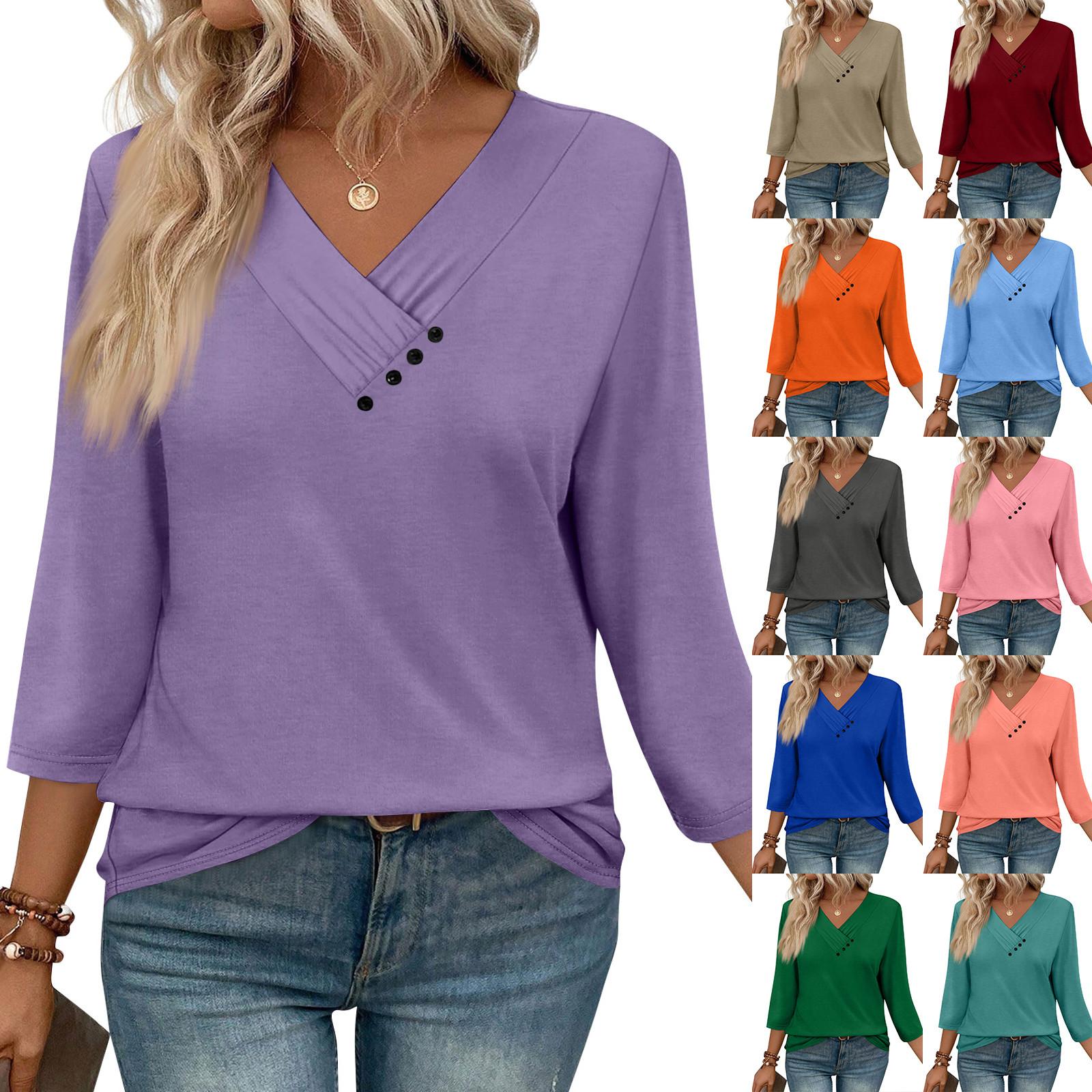 

Womens 3/4 Sleeve Daily Weekend V Neck Casual Printed Tshirts Loose Fit Pleated Tees Button Down Shirts L фіолетовий