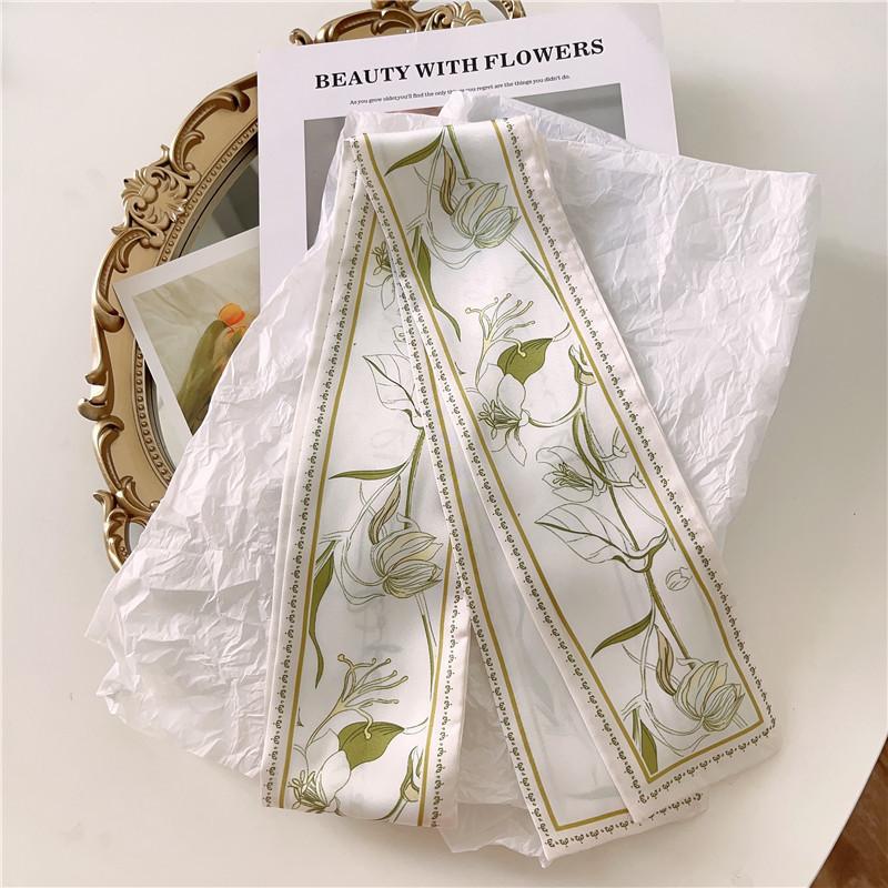 

Зеленый Шарф из шелка с принтом свежих цветов, Повязка на голову, Тонкие и узкие плетеные женские аксессуары для волос, Высококачественная лента для завязывания сумки, Лента, Пояс.