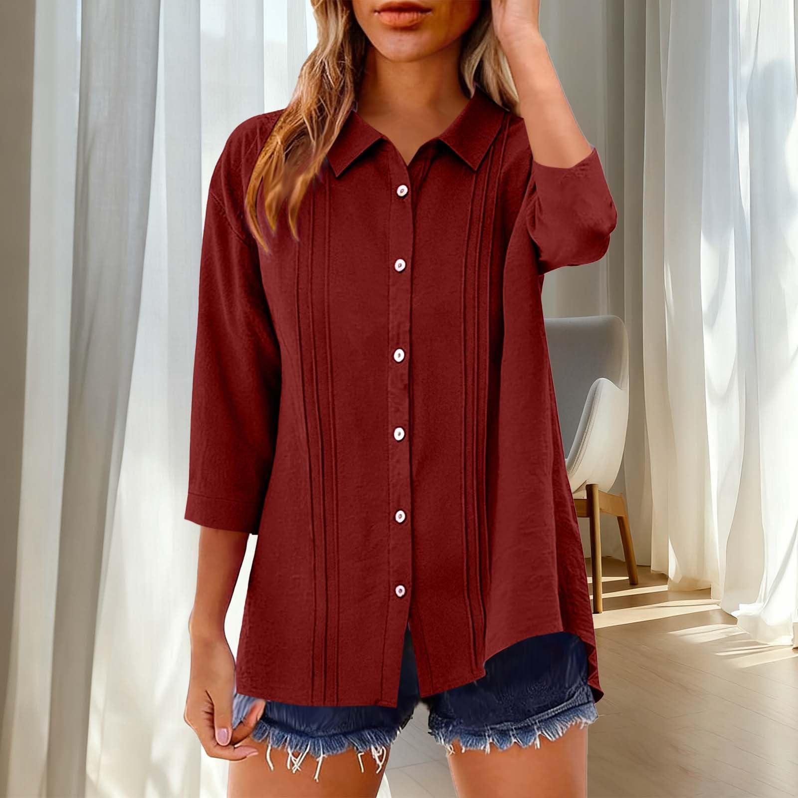 

Fashionable Women s Casual Top, Three-quarter Sleeve, Color, Collared, Cotton And Linen Loose Button-down Shirt XXL винний