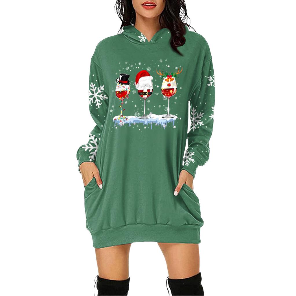 Damen Weihnachten Print Langarm Kapuzenpullover Kleid mit Tasche