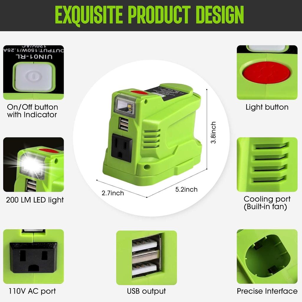 Menič napätia pre batériu Ryobi 18V ONE+, 150W prenosná nabíjačka pre stanicu na nabíjanie batérií Ryobi, napájací zdroj, DC 18V na AC 110 s AC/USB portom DIY