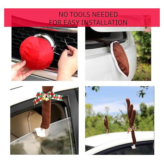 Coarne de ren premium pentru mașini - coarne de decor de Crăciun pentru mașină cu nas și coadă piese auto