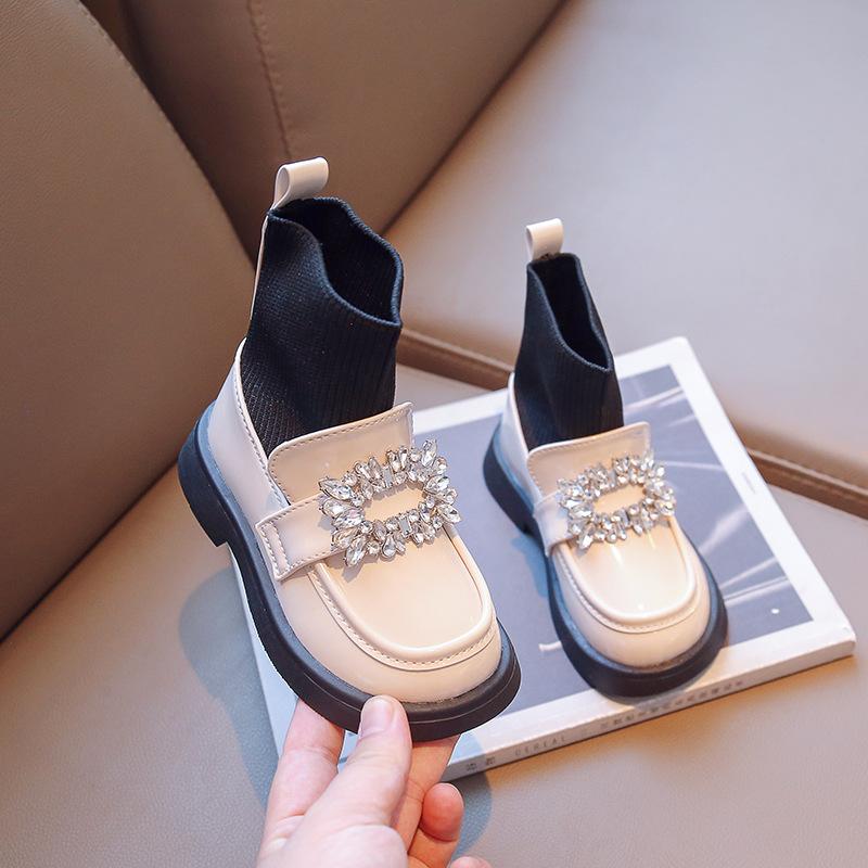Rhinestone Girls Sock Shoes Children's Leather Boots Autumn Winter Baby Fashion Anti-Slippery Rubber Sole Footwear