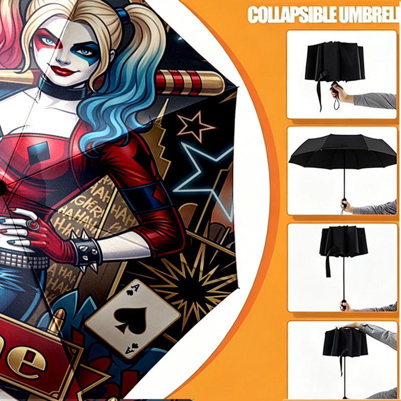 Custom Name Personalized Harley Quinn Print Umbrella, Auto Open Close, 8‑Rib Sturdy Frame, Commute Camping Hiking Use, Birthday Gift
