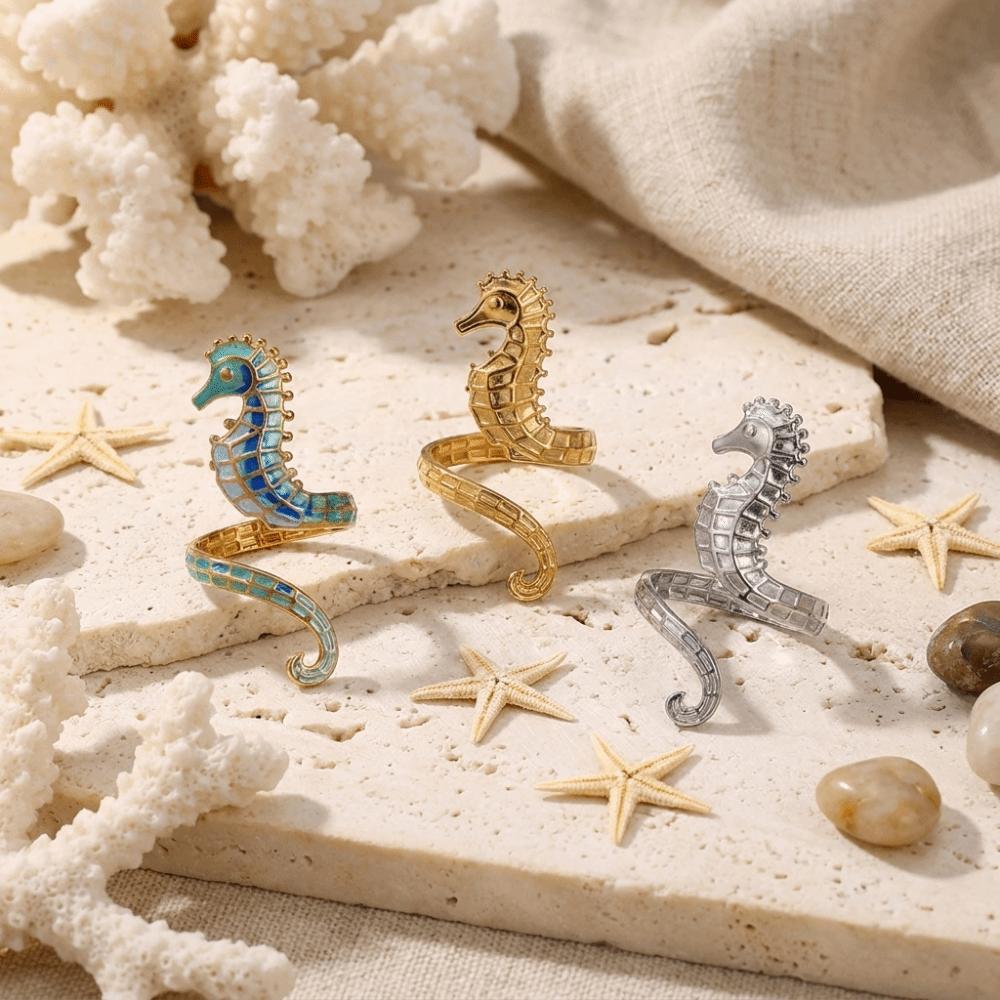 Adjustable Enamel Open Ring Stainless Steel Ocean Jewelry Fashion Seahorse Ring Gift