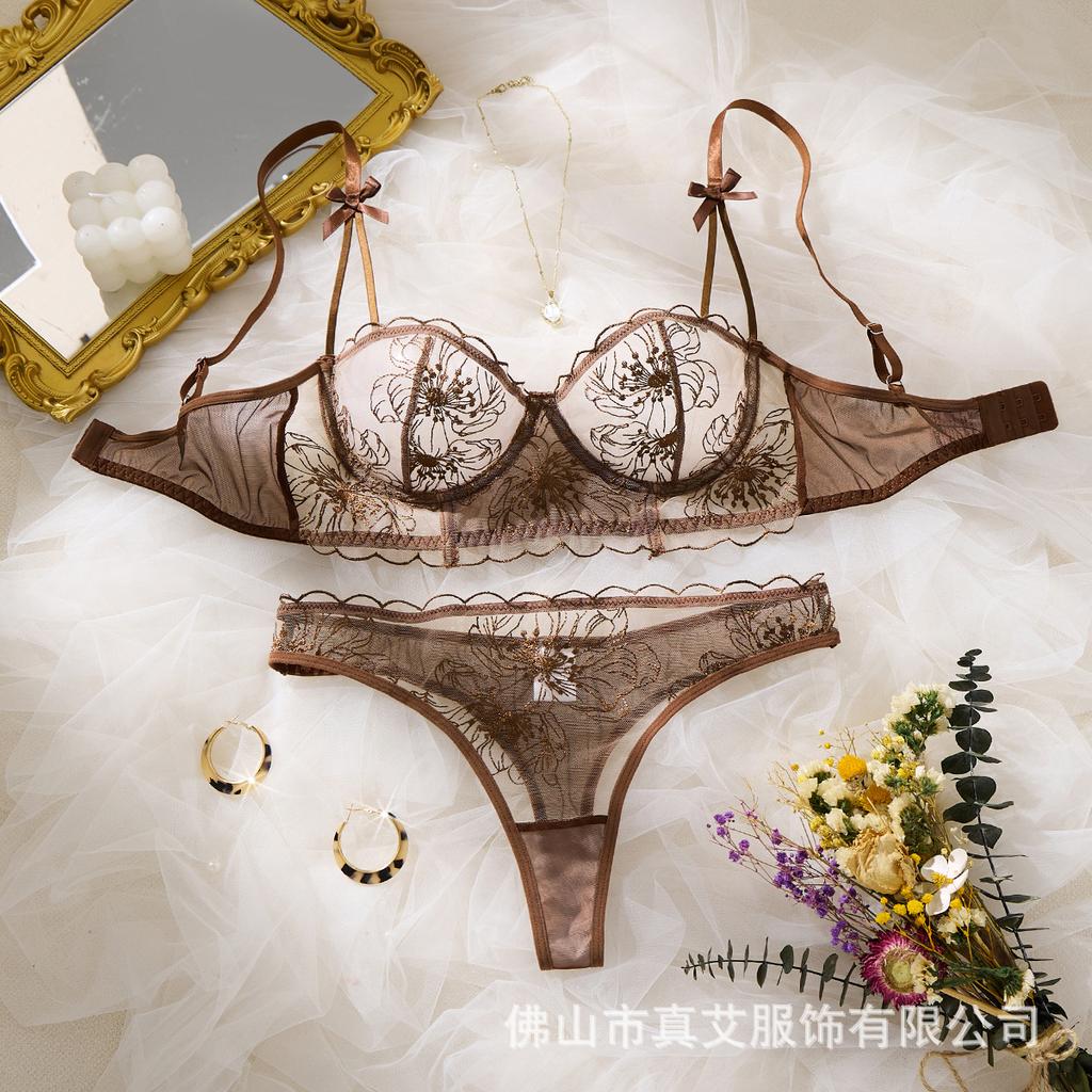 European and American Style Embroidered Mesh Erotic Underwear Set Perspective Flower Lace Bra Thong Pure Desire Wind Two-piece Set