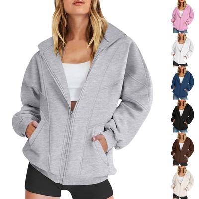 Damen Kapuzenpullover mit Reißverschluss Langarm Lockerer Schnitt Farbiger Pullover