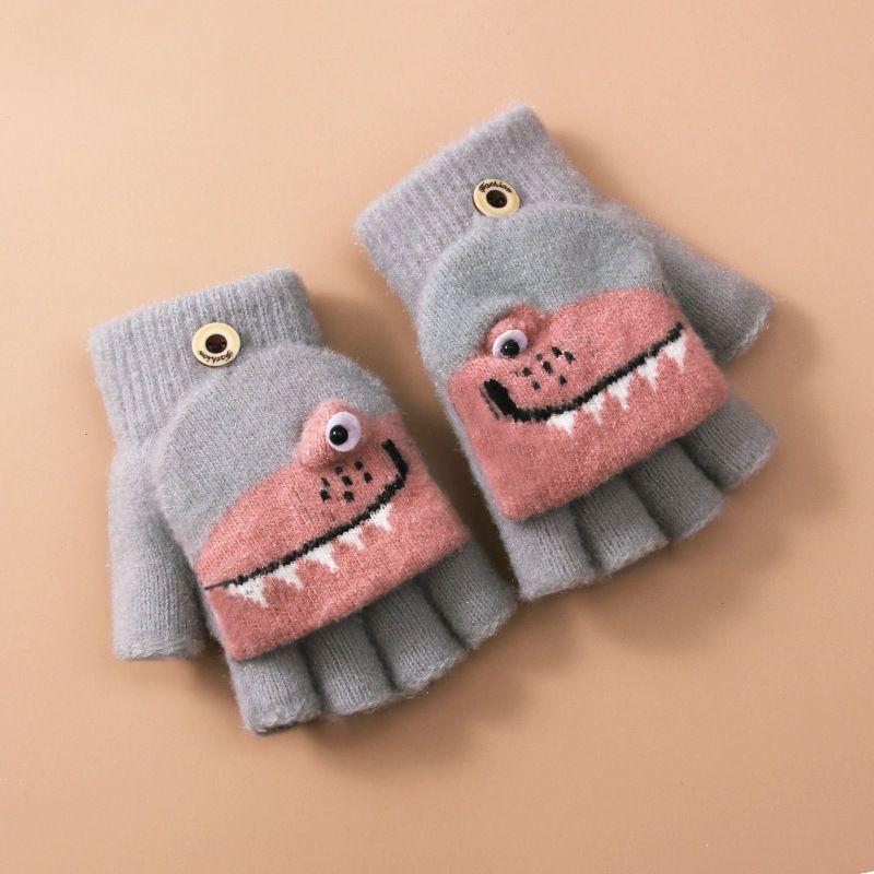 Half Finger Flip Cartoon Kids Gloves Jacquard Color Matching Autumn Winter Warm Gloves for Children Student Writing Baby Gloves