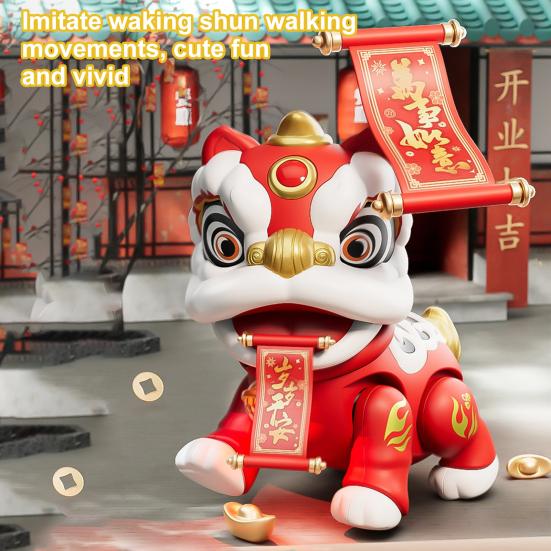 Electric Dancing Lion Toy with 2 Blessing Stickers Kids Shaking Head Walking Cartoon Awake Lion Toy with Music Light Toddlers Boys Girls Gift