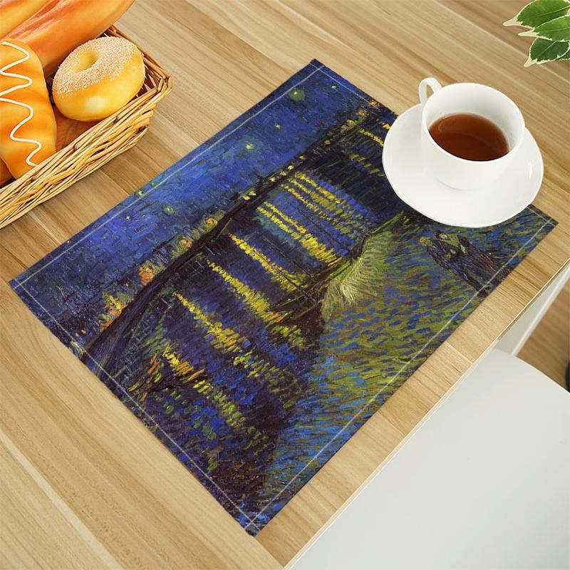 Van Gogh The Starry Night Print Linen Dining Table Mats Alphabet Kitchen Placemat 30X45cm Coasters Pads Bowl Cup Mat