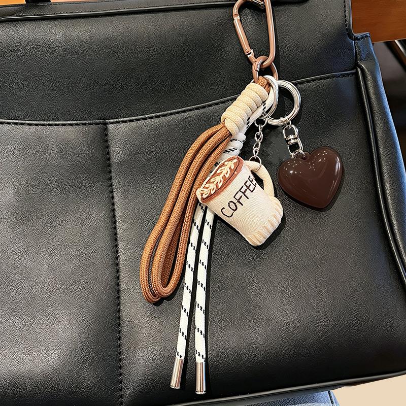 Yogodlns Cute Cartoon Coffee Cup Keychain Fashion Handbag Pendant with DIY Woven Rope Mobile Phone Car Key Design Creative Gift