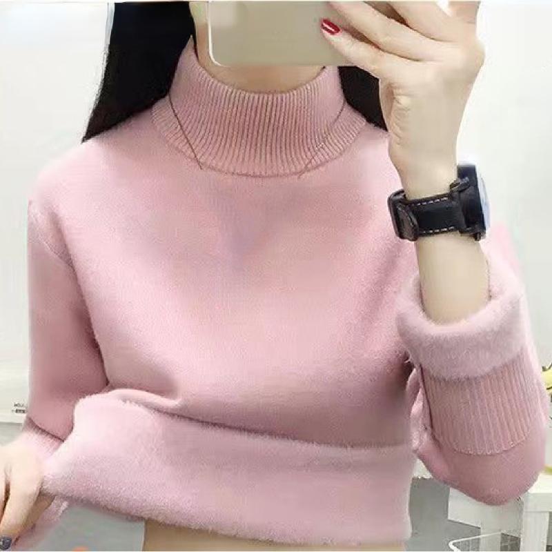 Pulover cald coreean Pulover Femei Iarna Subțire Îngroșare Pluș Căptușit din catifea Tricoturi Jumper Jumătate Gât țesut Poleras Topuri din tricot moale