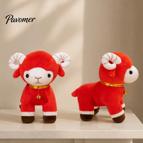 Plush Animal Collectible Red Sheep Doll for Lunar New Year Decoration, Soft Stuffed Toy with Auspicious Fortune Gift Embroidery And Bell Collar,