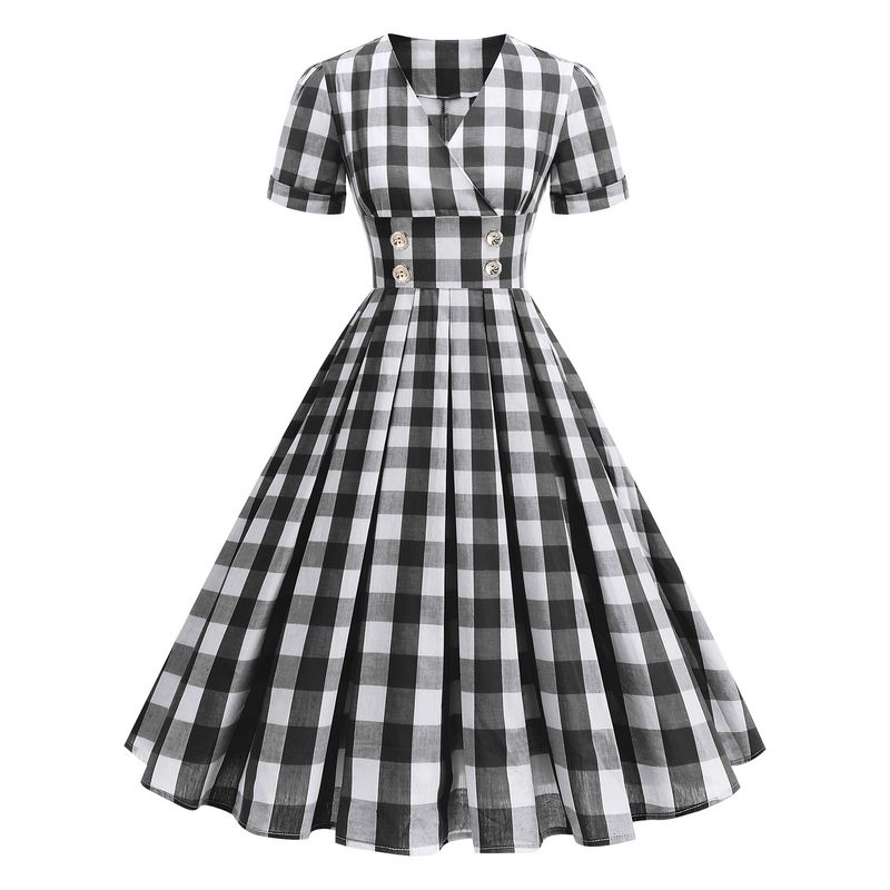 

Французский Стиль Ретро Элегантный Потерянная Романтика V-образный вырез Мода Новинка Платье в стиле Хепберн Ретро Клетка Рукав-буф Black S