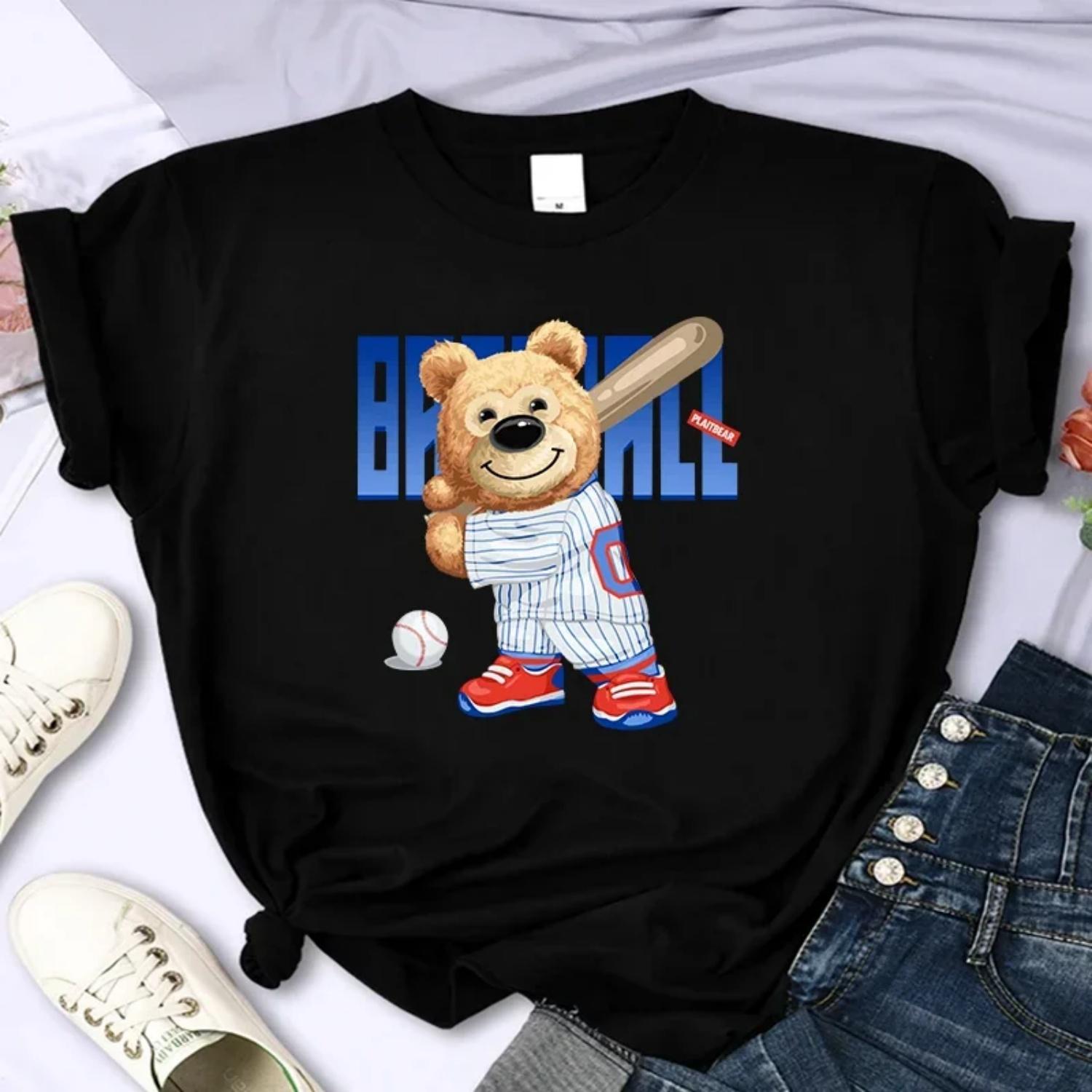2024 Latest New Fun Bear Women s High Quality Summer Printed T-shirt Casual Extra Large Y2k Personalized Sleeves O-Neck S
