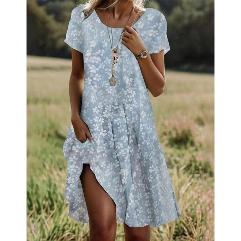Summer Bohemian Dresses For Women V Neck Short Sleeve Flower Printed Beach Holiday Dress Women Maxi Dresses Boho