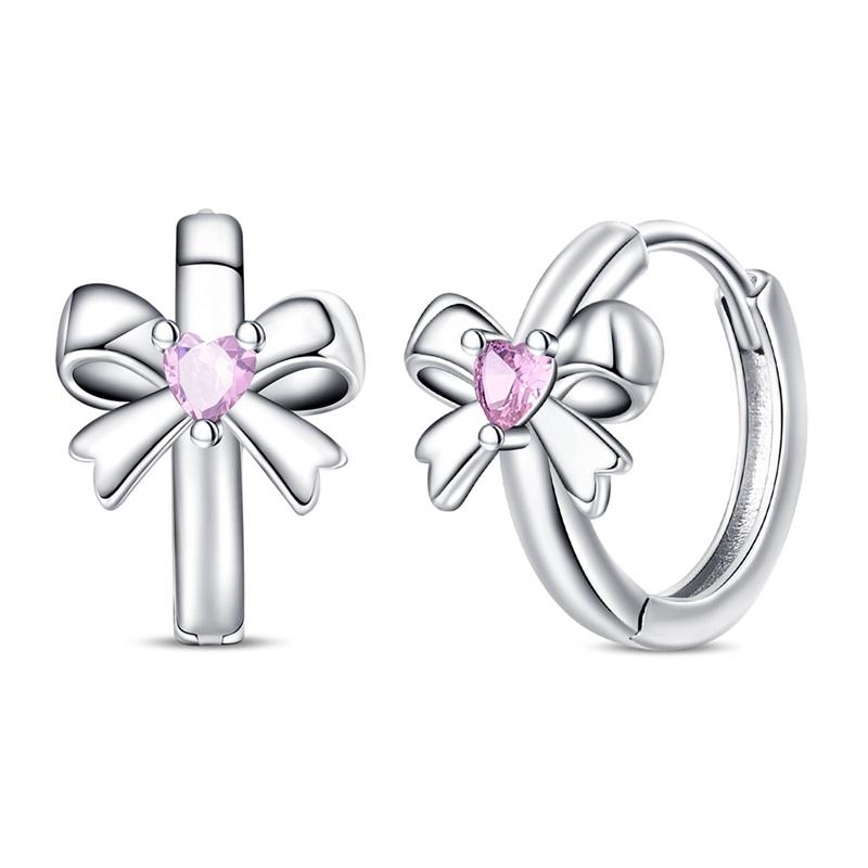 New Copper Sparkling Pink Bow Stud Earrings & Pavé Dangle Hoop Earrings For Girl Sweet Romantic Jewelry Gift
