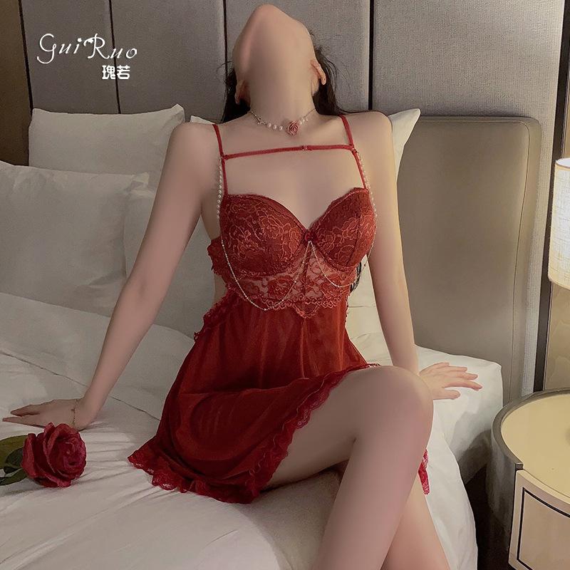 Women's Mesh Underwire Push Up Padded Backless Cami Sleep Dress Costume Set
