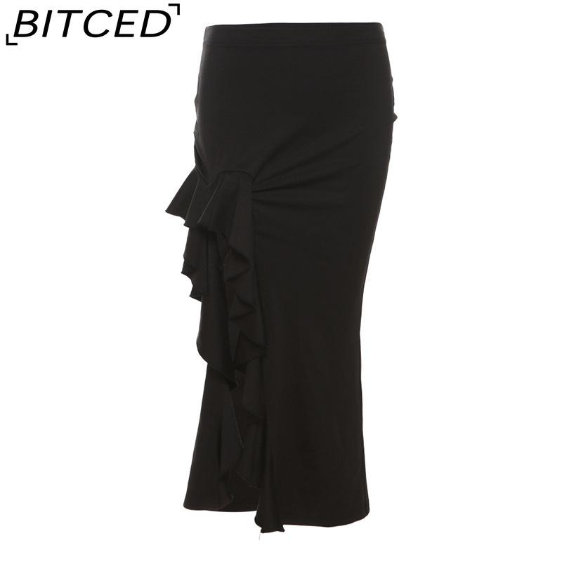 

BITCED Summer Women s Solid-Color Slim-Fit Streetwear High-Waisted Bodycon Split Skirt L чёрный