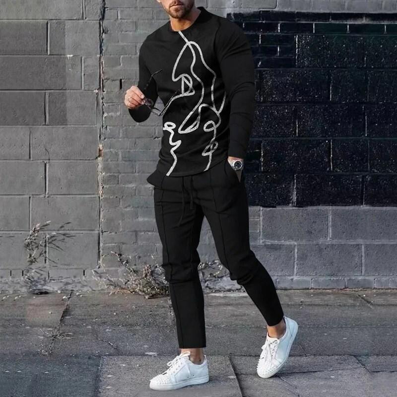 Men's casual sportswear men's sports two-piece fashionable 3D printed vintage clothing long sleeved shirt pants set pants suit