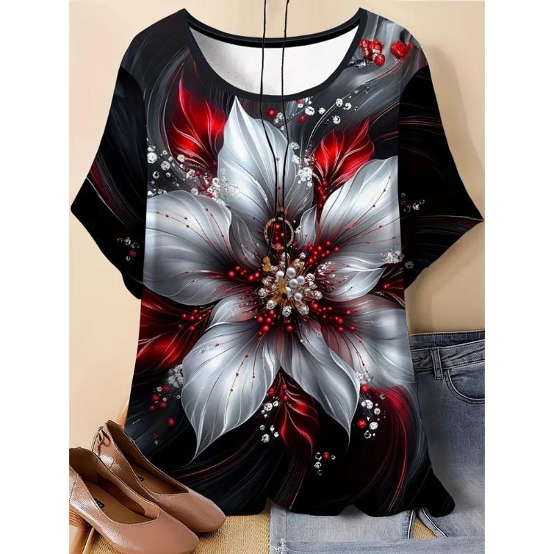 Fashion Women's Crew Neck Short Sleeve 3D Flower Color Printing Flower Short Sleeve Crew Neck T-Shirt