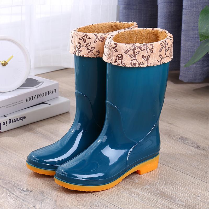 New Medium Tube Waterproof Rain Shoes Rain Boots Water Shoes Women's Fashion Adult Rubber Shoes Overshoes Velvet Water Boots Non-slip Work Summer
