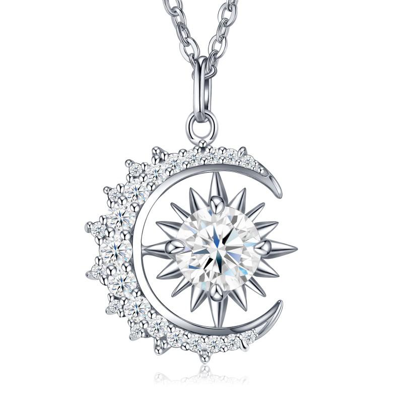 Sterling Sun Moon Pendant Necklace Women Geometric Design With Moissanite Stones Adjustable Chain