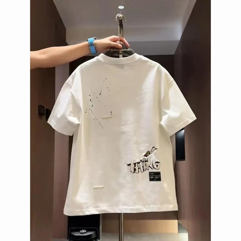 Men's White Crew Neck T-Shirt with Embroidered Skater Iti Print Casual Loose Fit Short Sleeve Top