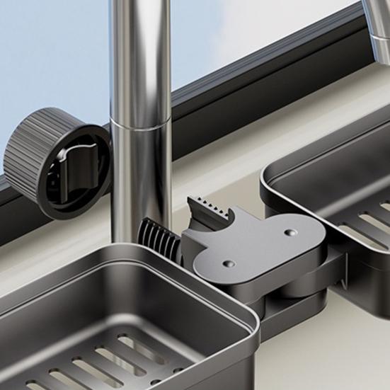 Настольная полка-органайзер для кухонной мойки, Двойная стойка-держатель для крана, Регулируемое разделенное пространство, Экономия места, Органайзер без сверления, Держатель для губки, Быстрая установка для