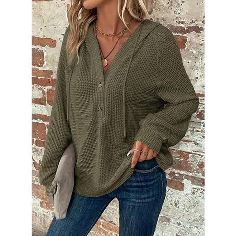 Women's V-Neck Waffle Knit Drawstring Button Long Sleeve Hoodie