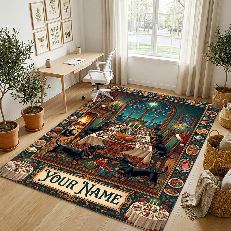 Dog Theme Crystal Velvet Rug Personalized Custom Name Text Soft Floor Mat Home Decor