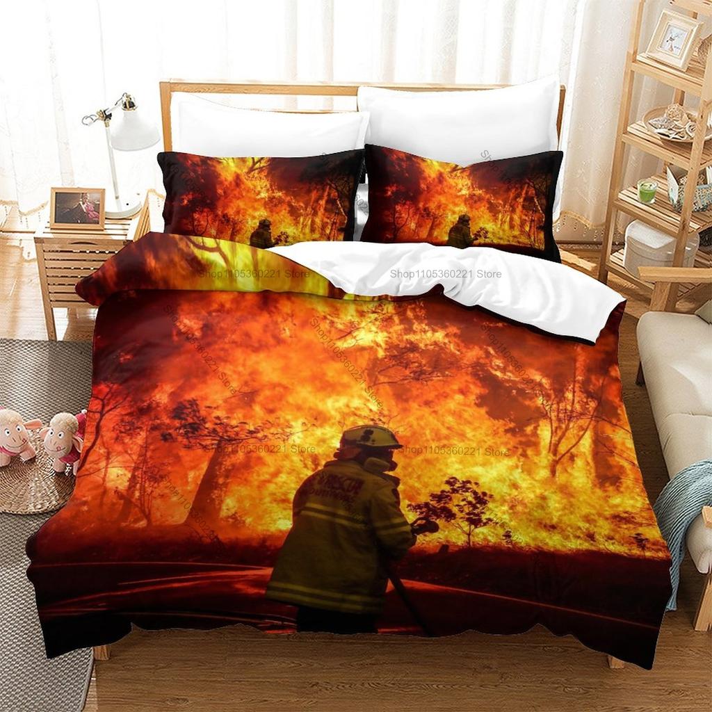 Cool Firefighter Rescue Fire Truck Flame Hero HD Print Bedding Set Duvet Cover + 2 Pillowcases Polyester Boys Bedroom Decor
