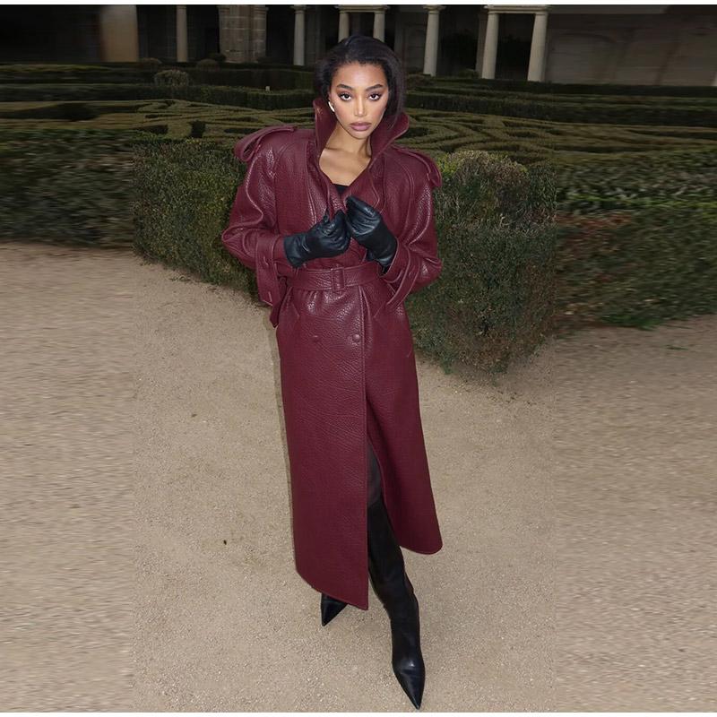 Street Vintage Long Leather Jacket Women Double Breasted Lapel Lace Up Full Sleeve Belt Jackets 2025 Spring Fashion Lady Outwear