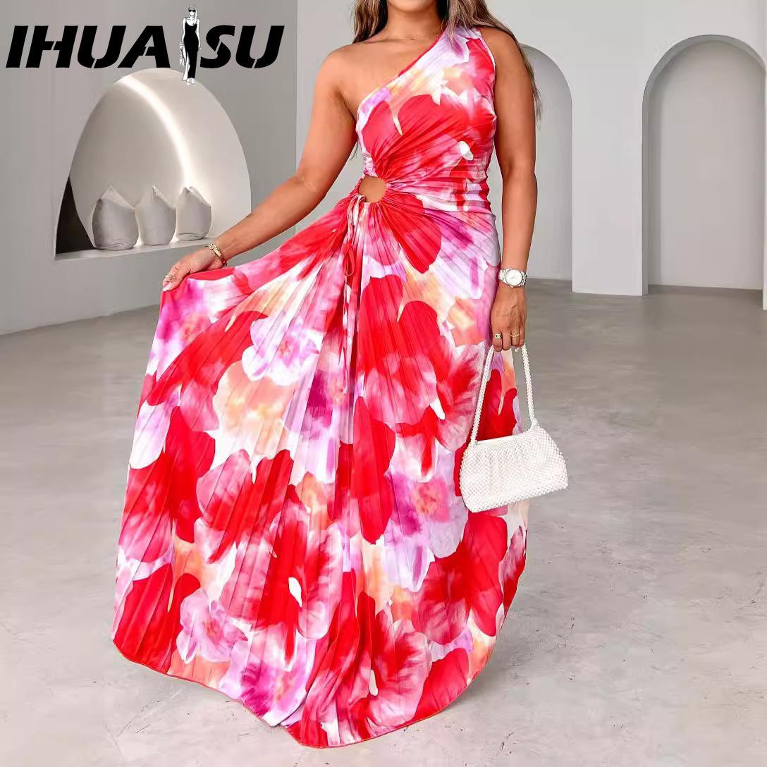 

IHUASU Summer Design Lace-up Print Sleeveless One-shoulder Dress XXL