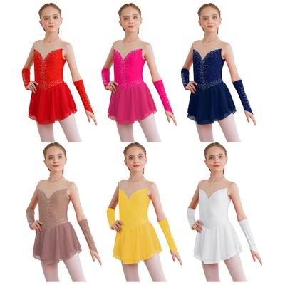 Rochie de patinaj artistic pentru fete, cu sclipici, strasuri, decupaj la spate, fără mâneci, ținută de scenă cu mănuși