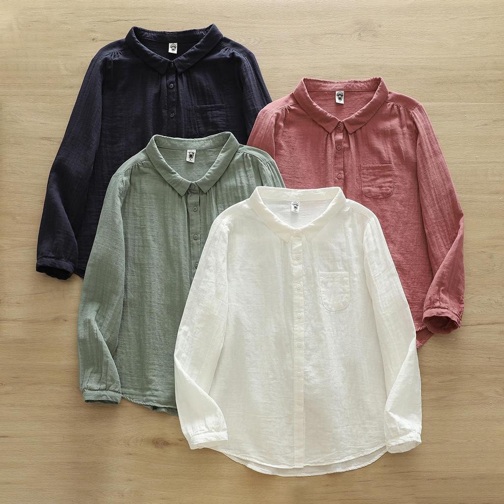 Pure Cotton Women's Lapel Pleated Blouse - Solid Color, Long Sleeve, Double Layer Yarn, Spring/Autumn.