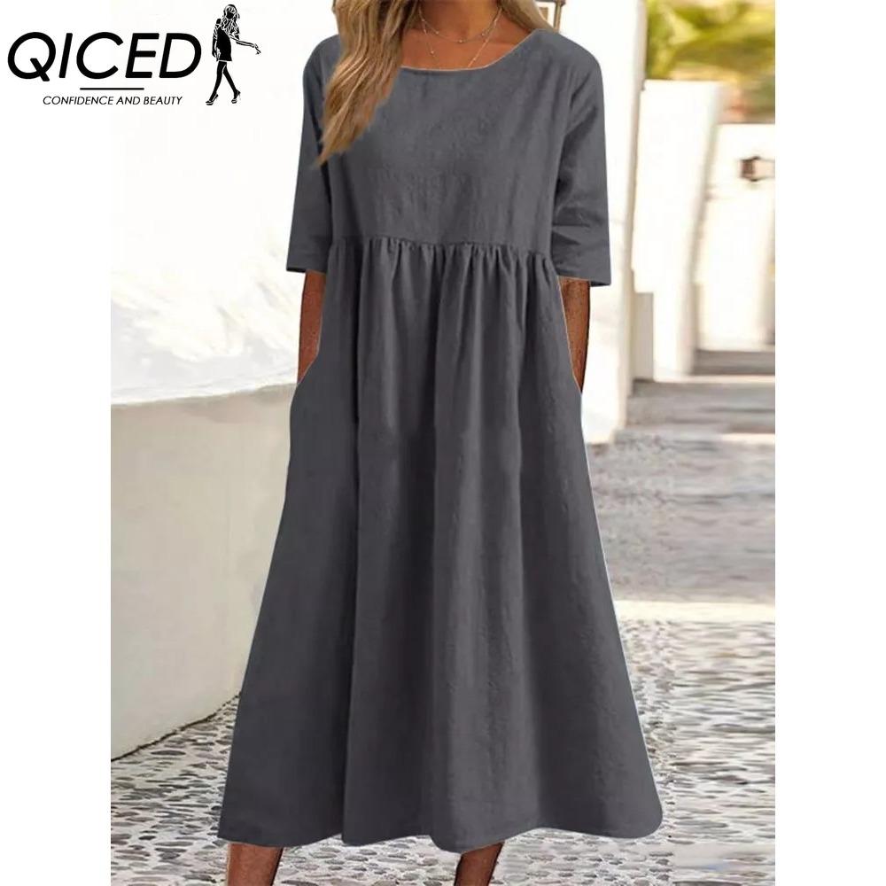 QICED Primavera Estate Abito Donna Girocollo Abiti Lunghi Casual Ampi Abiti Taglie Forti