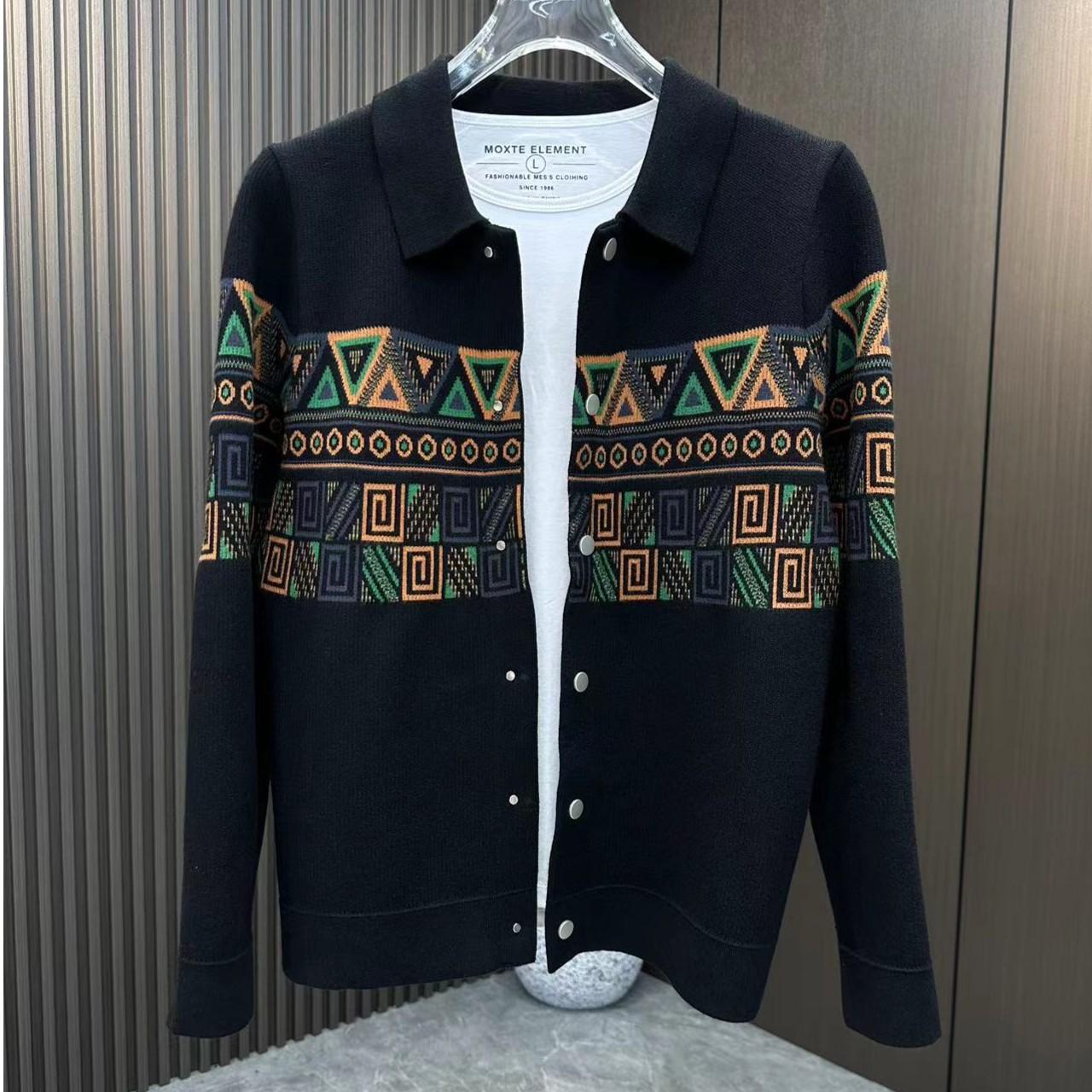 

Autumn new products men s lapel knitted sweater simple versatile casual jacket cardigan sweater men s floral M (90-52.5 kg) чорний